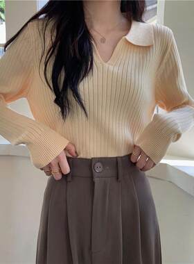 复古POLO衣领杏色针织衫女秋季新款韩版内搭袖毛衣学生长上潮