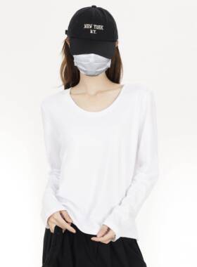 白色韩版宽松长袖t恤女春季小个子U领简约百搭显瘦纯色正肩打底衫