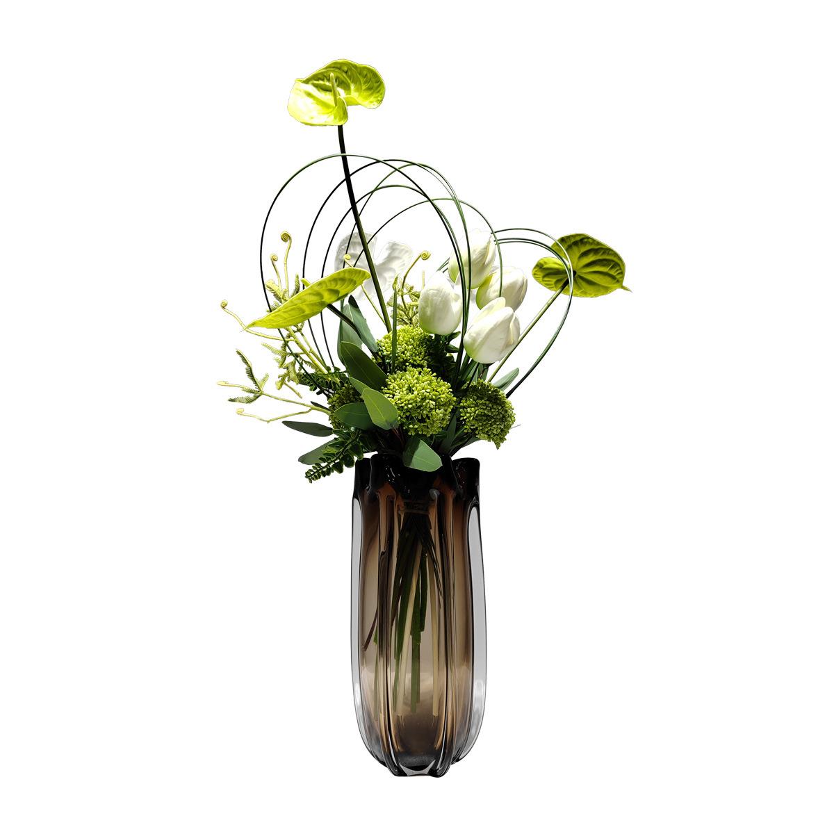 现代简约仿真花艺白掌郁金香插花琉璃花器轻奢花客厅餐桌桌面摆件