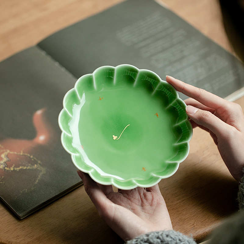 昌朴居祖母绿事事如意高足莲瓣壶承禅意茶承茶道配件果盘托盘壶托