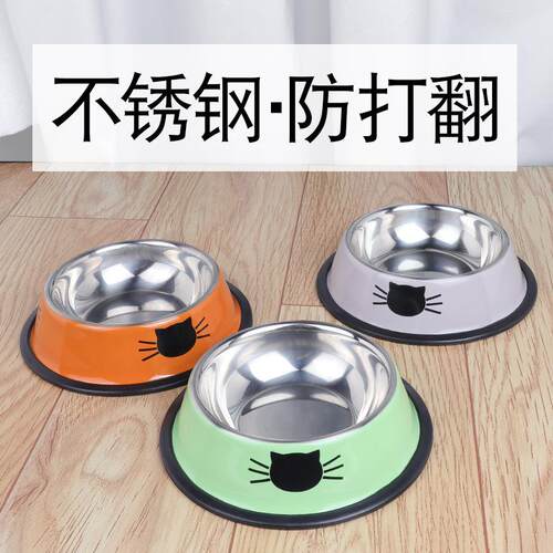 不锈钢宠物碗 猫脸印花彩钢狗碗 防滑防打翻不锈钢狗狗食盆宠物碗