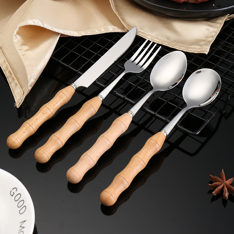 雪糕不锈跨境不锈钢餐具牛排勺子西餐勺榉木刀刀叉水果钢刀叉手柄
