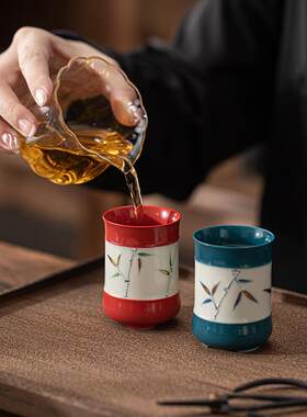 描金手绘竹韵茶杯高档家用陶瓷主人杯个人专用喝茶杯子品茗杯单杯