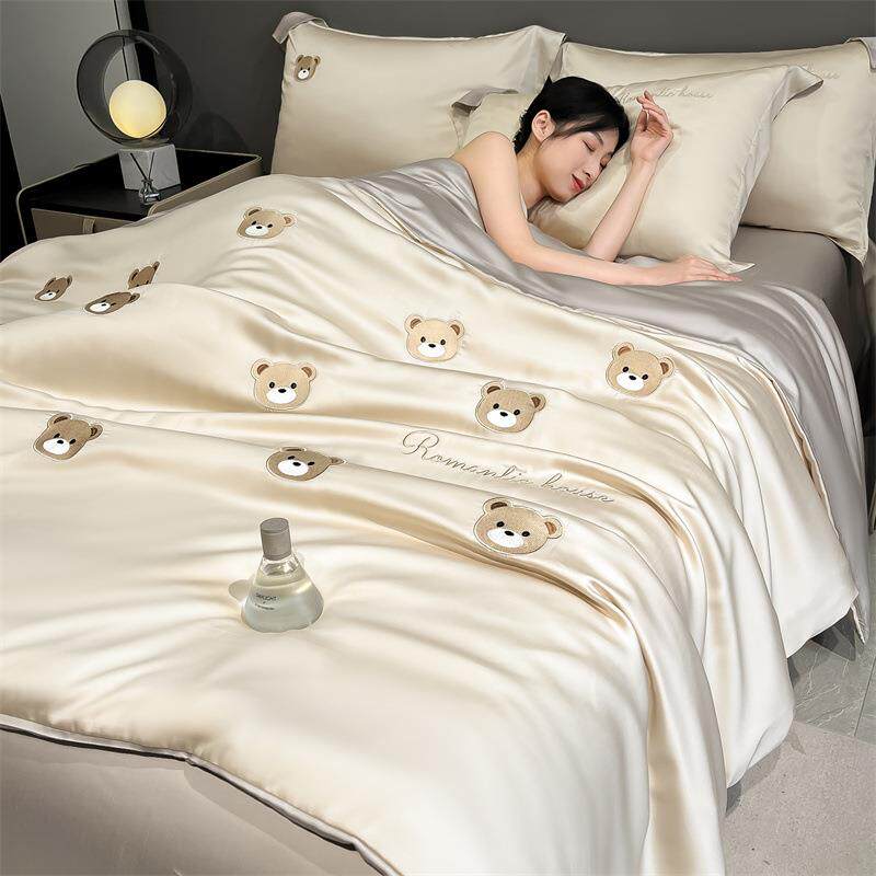 轻奢夏天冰丝床上用品四件套水洗天丝三件套凉感床单被套可机洗单