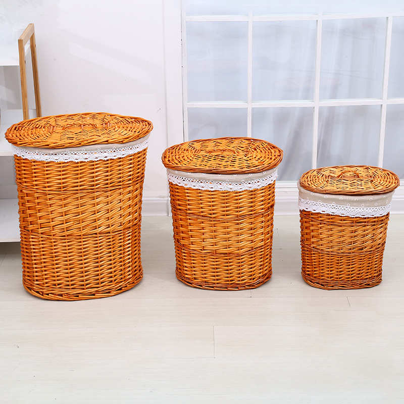 田园篮子收纳脏箱厂家 带大号储物柳编篓桶藤编衣物批发衣盖收纳