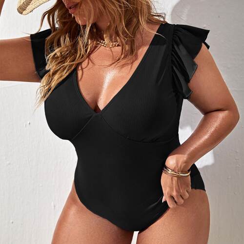 Plus Size Solid Deep V Neck One-Piece Swimsuit Casual
