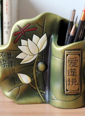 陶瓷笔筒摆件覆古中国风创意办公桌面装饰收纳笔桶励志修身好礼品