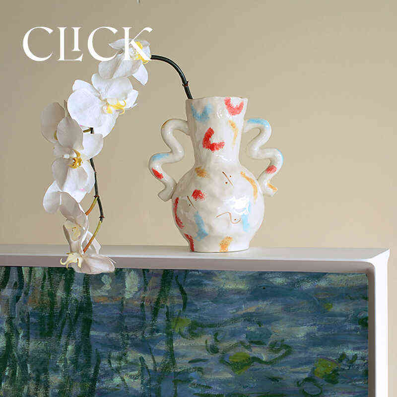 click双耳彩绘花瓶手工艺术高级感陶瓷花瓶家居装饰原创设计礼物