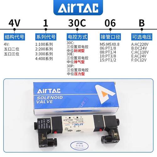 原装亚德客三位五通 中泄电磁阀 4V130E-06 4V130E06B 4V130E06A