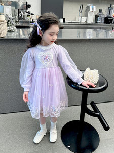 女童2024年春款新款韩版卡通公主纱裙一件洋气连衣裙网红服童