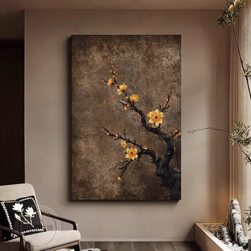 腊梅侘寂风日式客厅装饰画中古禅意茶室背景墙画挂画玄关餐厅壁画