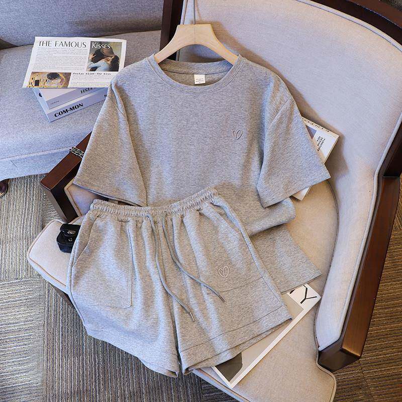潮牌纯棉休闲 运动服套装女2025年夏季新款韩版刺绣短袖短裤两件