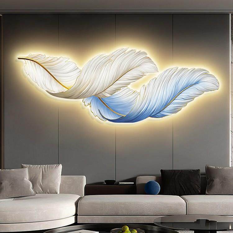 雕刻羽毛晶钻客厅装饰画沙发背景墙挂画级感LED灯卧室床头壁画