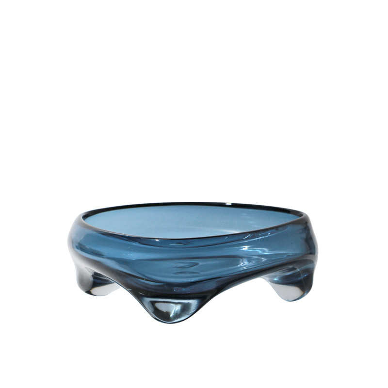 简约现代蓝色茶色透明玻璃水果盘摆件 餐桌样板间收纳托盘水果盘