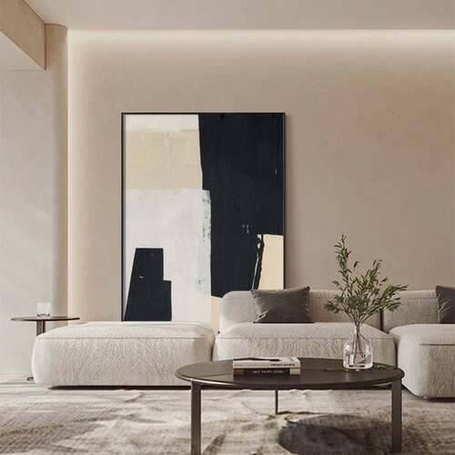 拼色艺术北欧黑白色块装饰画抽象肌理玄关挂画侘寂风客厅落地画