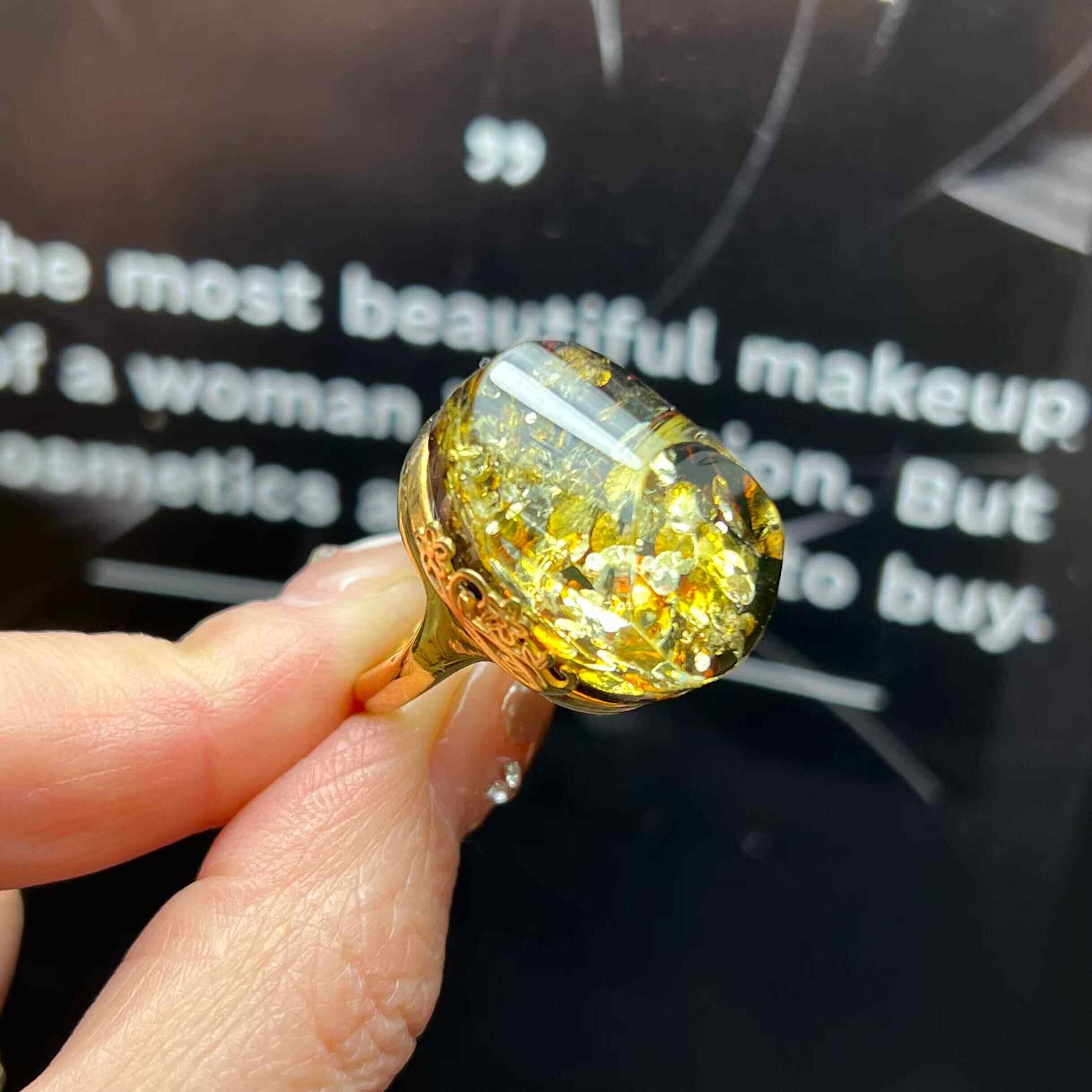 天然琥珀金绿色花珀戒指 女款手环欧洲设计简约风 安神镇静石保真