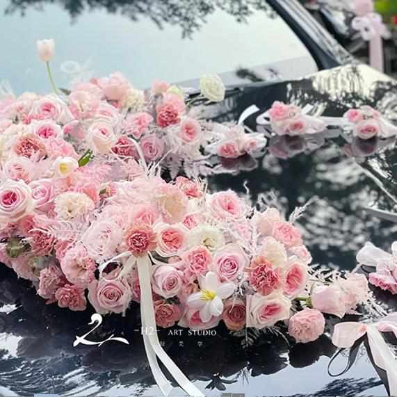 婚车花泥吸盘韩式心环婚礼装饰心型花盘带泥长v强力吸盘模型婚庆