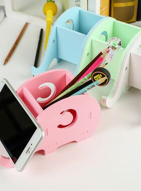 多功能创意大象办公室笔筒 可爱桌面木质收纳盒 家用桌面手机支架
