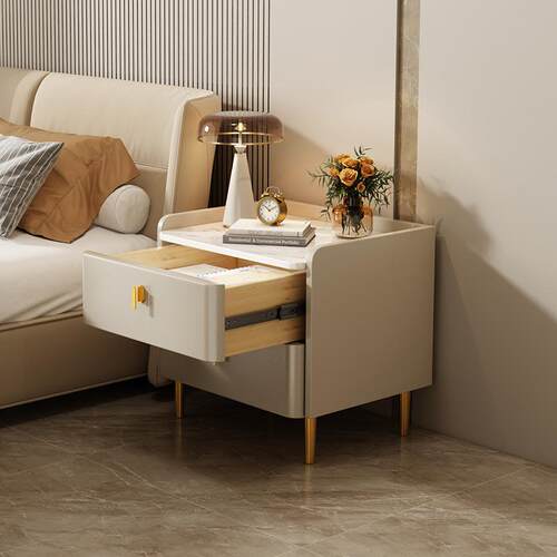 木质床头柜家用简约小型床头收纳卧室岩板床边氛围感充电床头柜