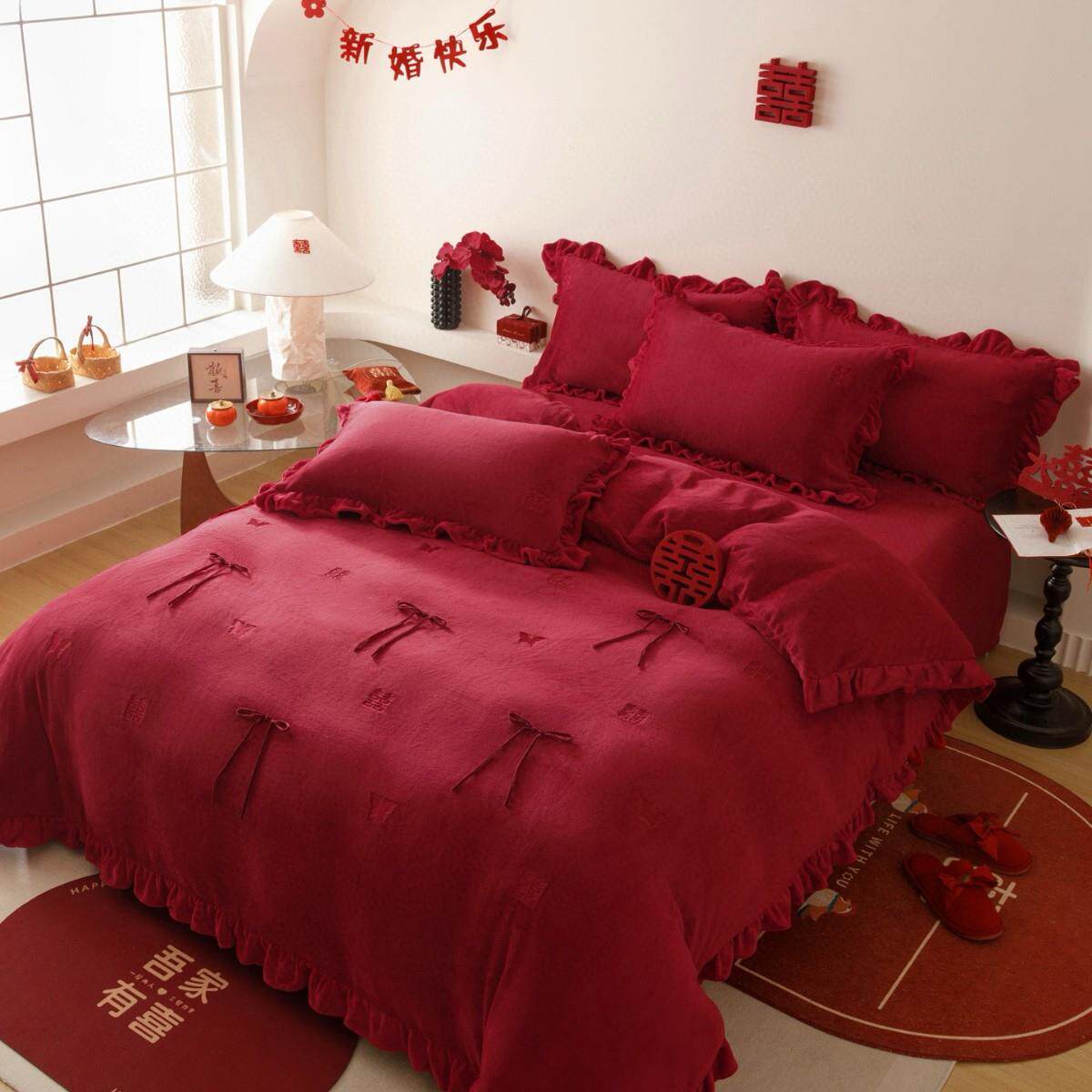法式浪漫结婚冬天牛奶绒床单四件套婚庆喜被套红色床上用品防静电