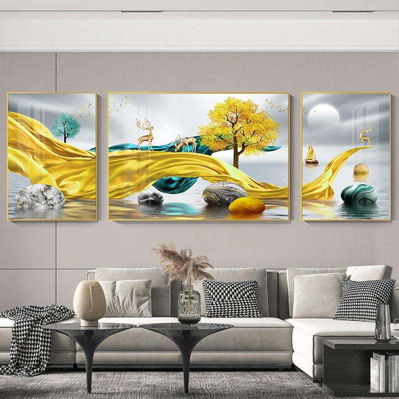 客厅晶瓷三联画麋鹿石来运转装饰画沙发墙画立体晶瓷挂画