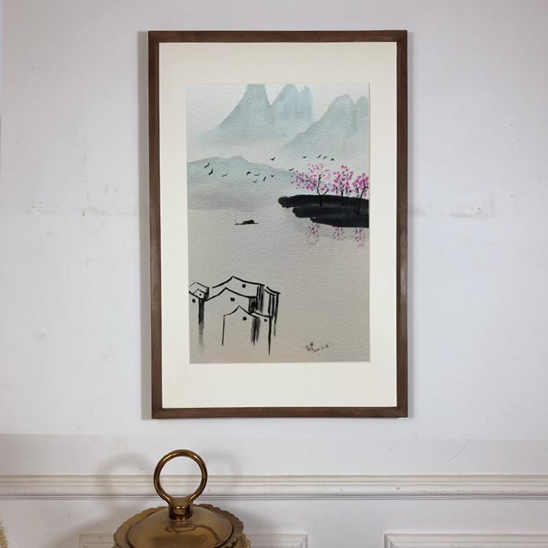 黑胡桃实木榫卯相框挂墙带卡纸高档画中式复古简约直角斜边定制框