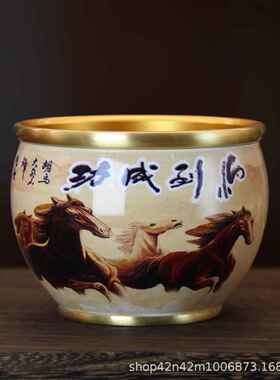 黄铜龙凤呈祥彩绘缸家用供奉铜缸摆件高档彩绘存钱罐聚财百福米缸