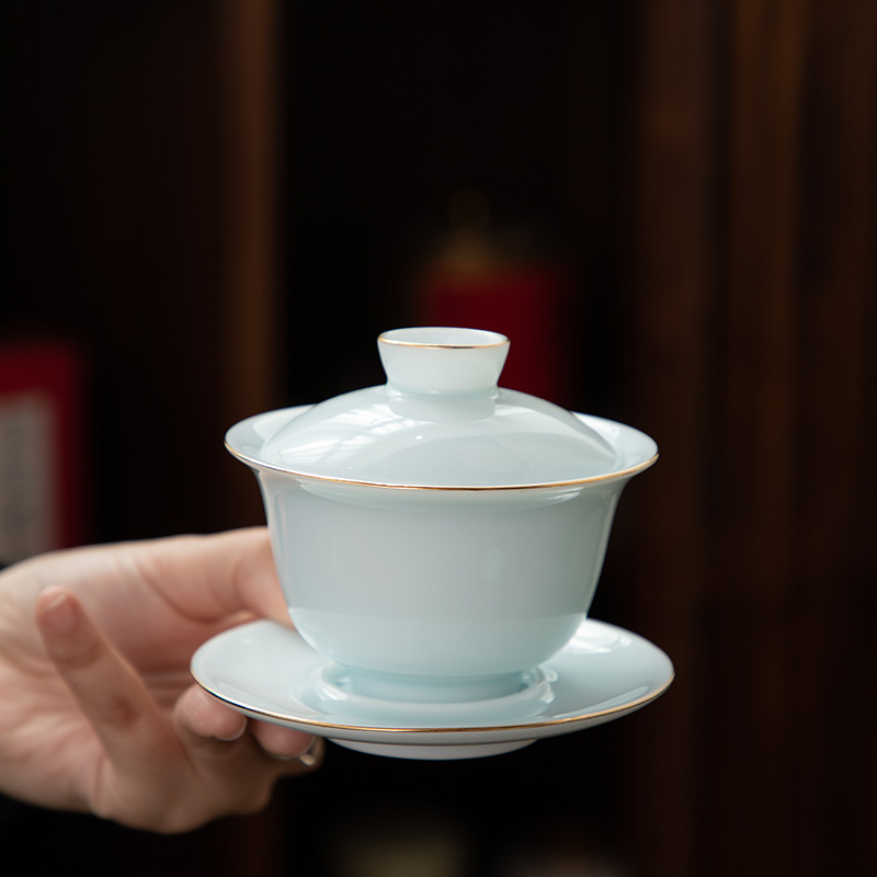 德化白瓷 三才盖碗 单个高档泡茶功夫茶羊脂玉陶瓷宝石蓝描金青瓷