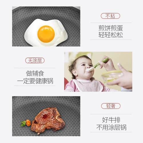 不粘锅家用炒锅不锈钢蜂窝不粘平底锅炒菜锅炉灶通用煎锅导热均匀