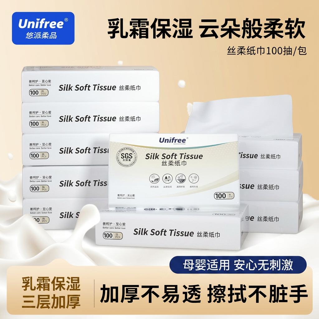 unifree婴幼儿乳霜保湿柔纸巾宝宝专用云柔巾三层加厚100抽抽纸