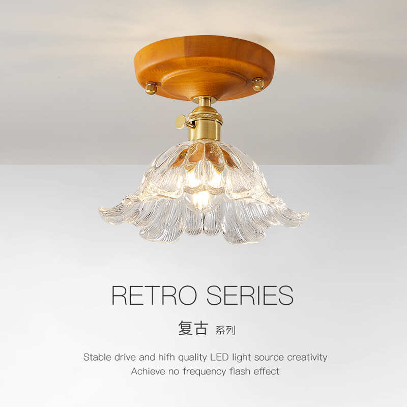 中古风胡桃木色过道灯法式复古走廊灯玻璃实木入户阳台玄关灯