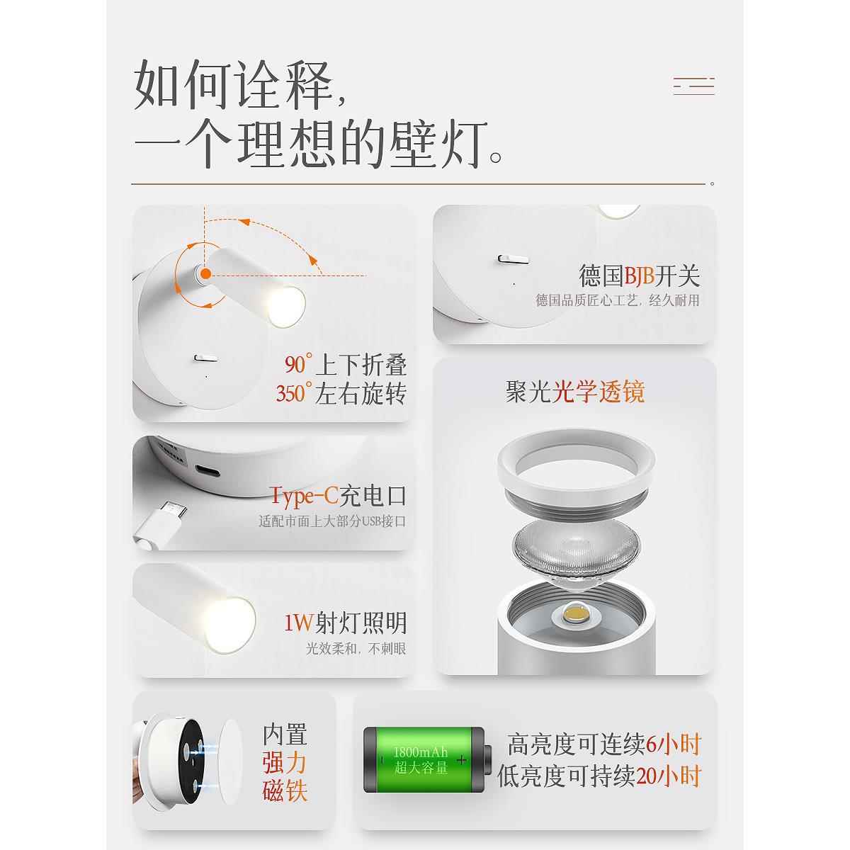 壁灯免钉免打孔可充电床头灯卧室磁吸免布线带开关阅读小射灯明装