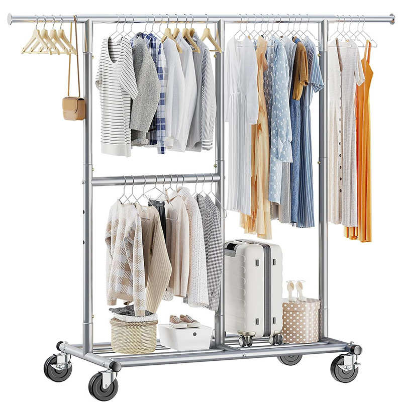 衣架架架子两层带挂衣置卧室服装家用落地服物轮展示架晾衣架