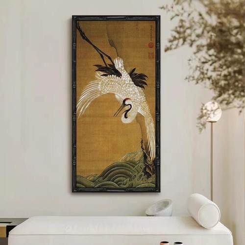 版新式中小众仙鹤艺术客厅饰装画餐厅玄关中古风竖壁ZTO画黑色竹