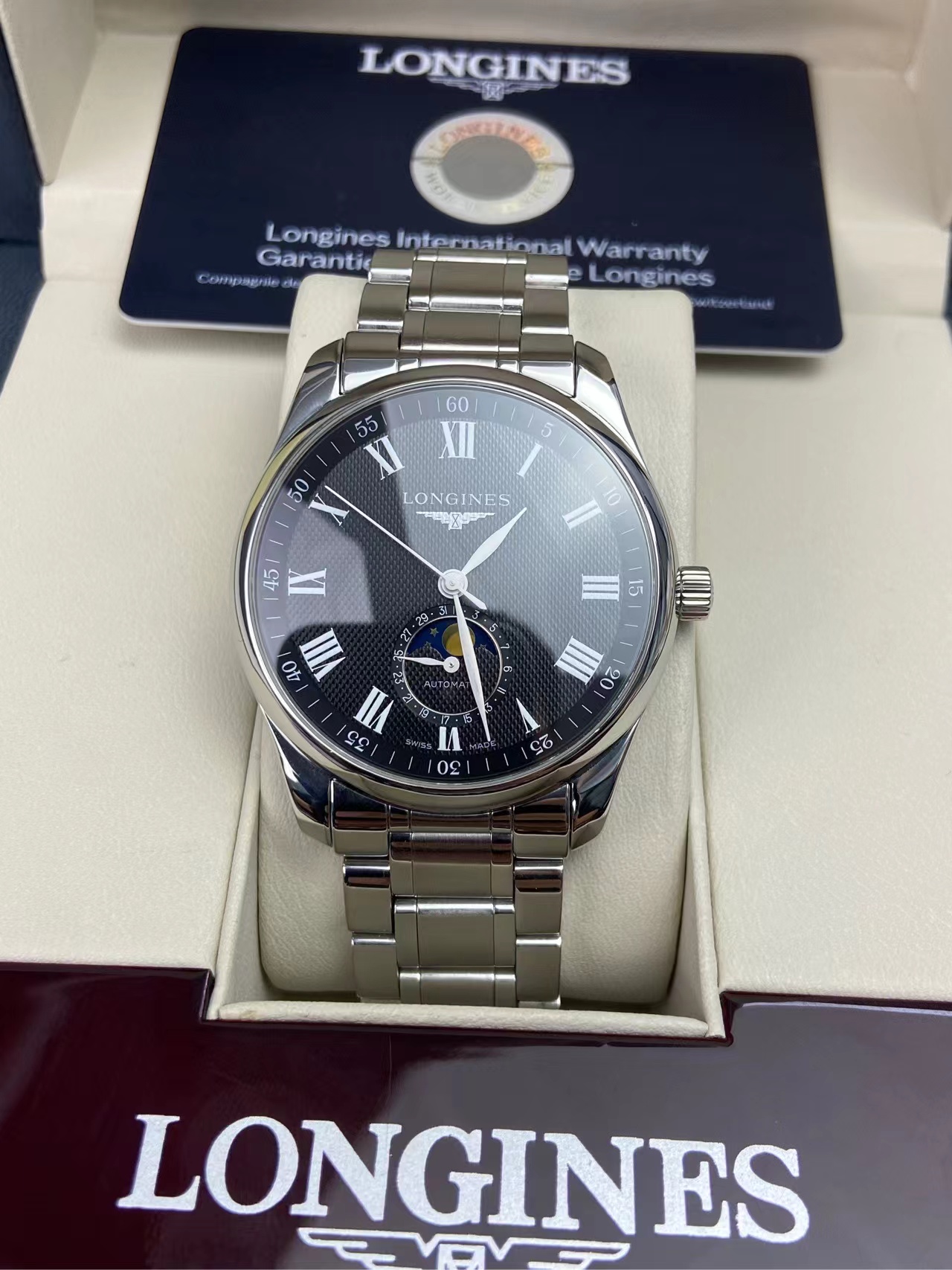 盒证98新浪琴名匠月相自动机械手表男士表L2.909.4.51.6