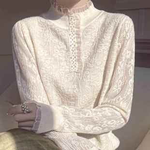 2025秋冬新款 针织毛衣女气质百搭荷叶领打1219e 蕾丝钩花高领薄款