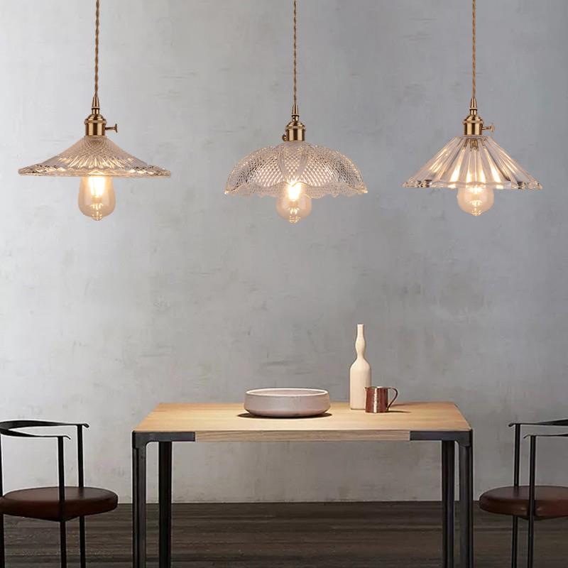 L7日式黄铜玻璃吊灯复古餐厅灯创意个性法式吧台餐桌长盘三头吊灯