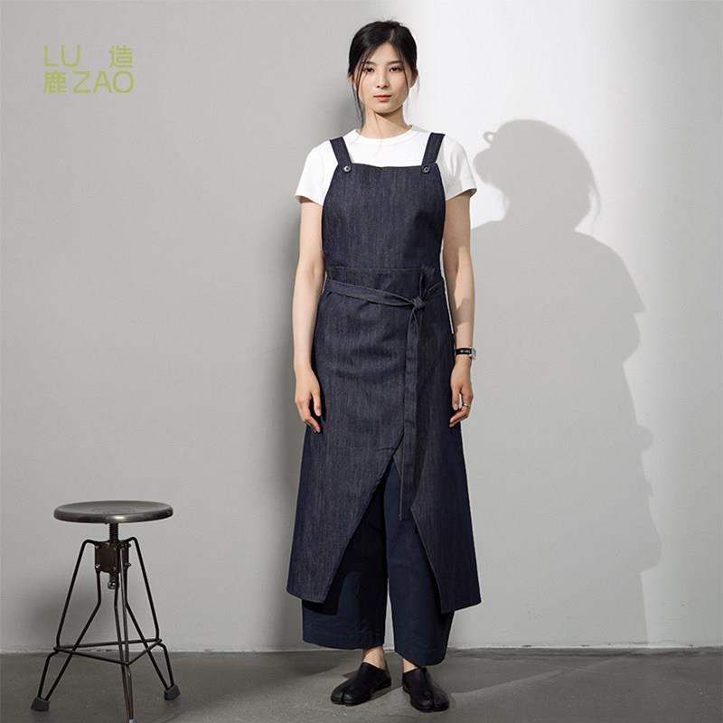鹿造|牛仔围裙抱婴袋裤式全身开衩工作服烘焙咖啡半身围裙一衣多