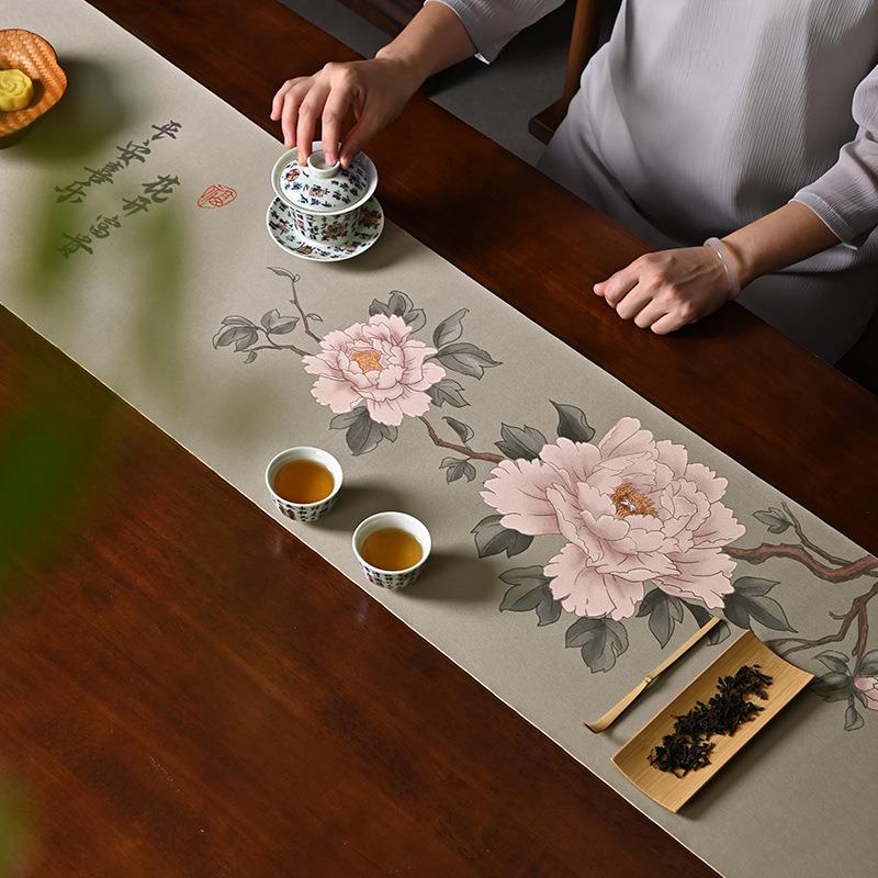 防水茶席双面干泡新中式禅意桌旗茶桌布防滑丝绸茶垫牡丹茶具配件