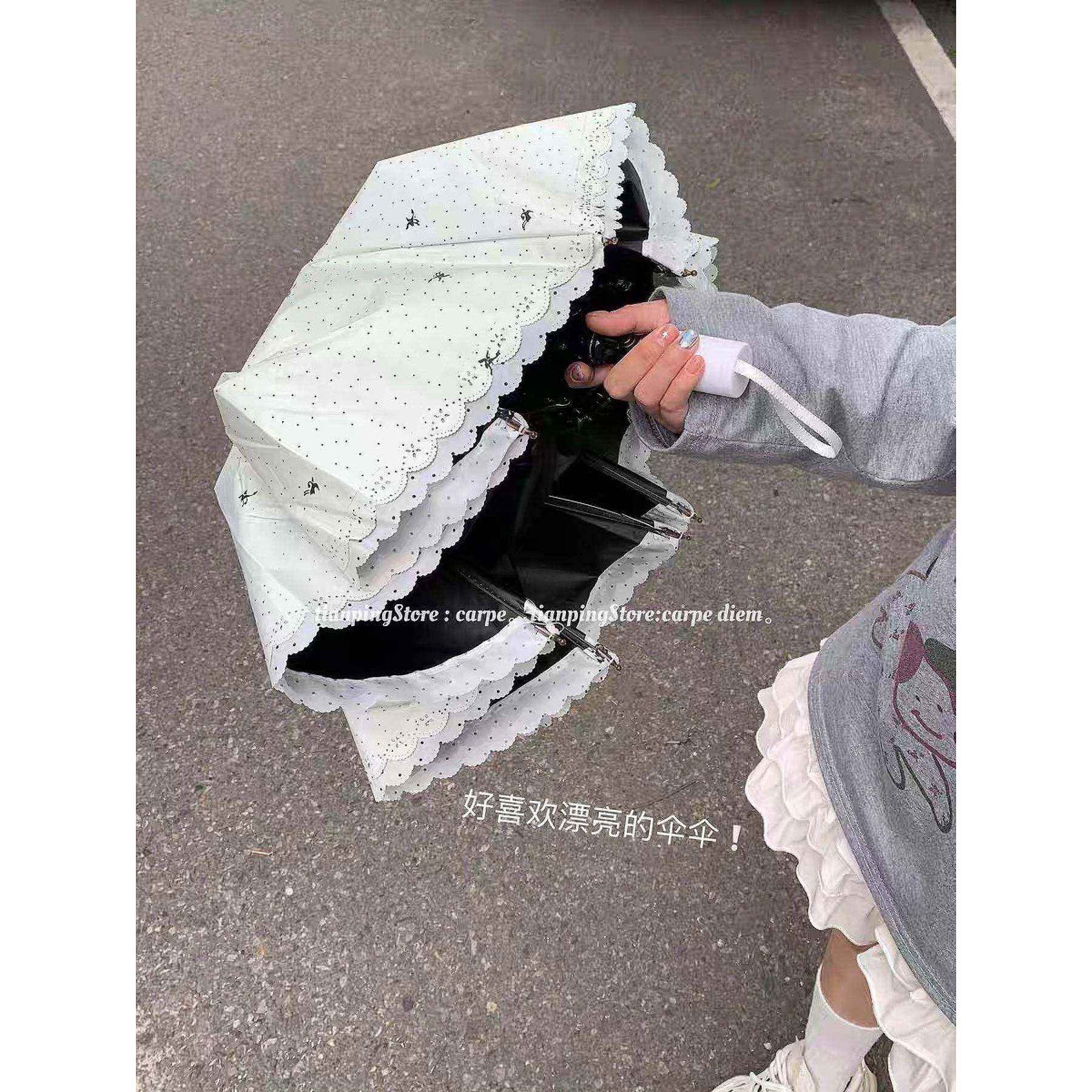 蕾丝波浪边晴雨伞 清冷感满满*禁欲系波点黑胶防雨遮阳晴雨两用伞