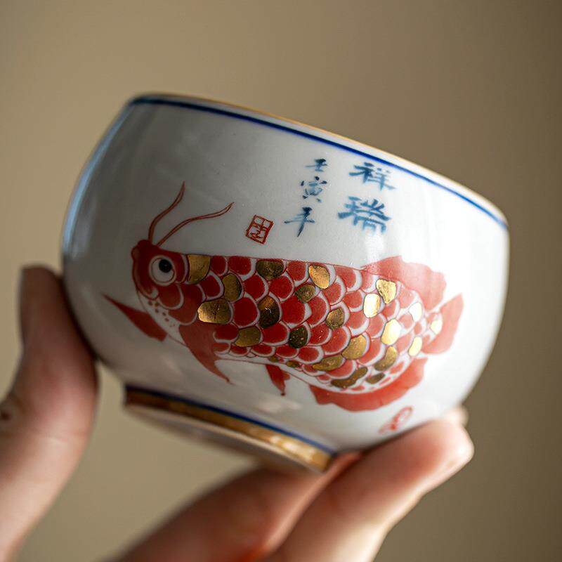 青花禅定大号主人杯男士单杯女功夫茶杯子陶瓷龙鱼品茗杯功夫茶具