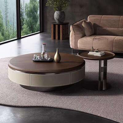 新款现代简约茶几极简马鞍皮胡桃色子母茶几大小圆形茶几角几组合