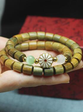 2026厂家 绿檀木桶珠双层手串带小雏菊配饰 女士款文玩饰品手链念