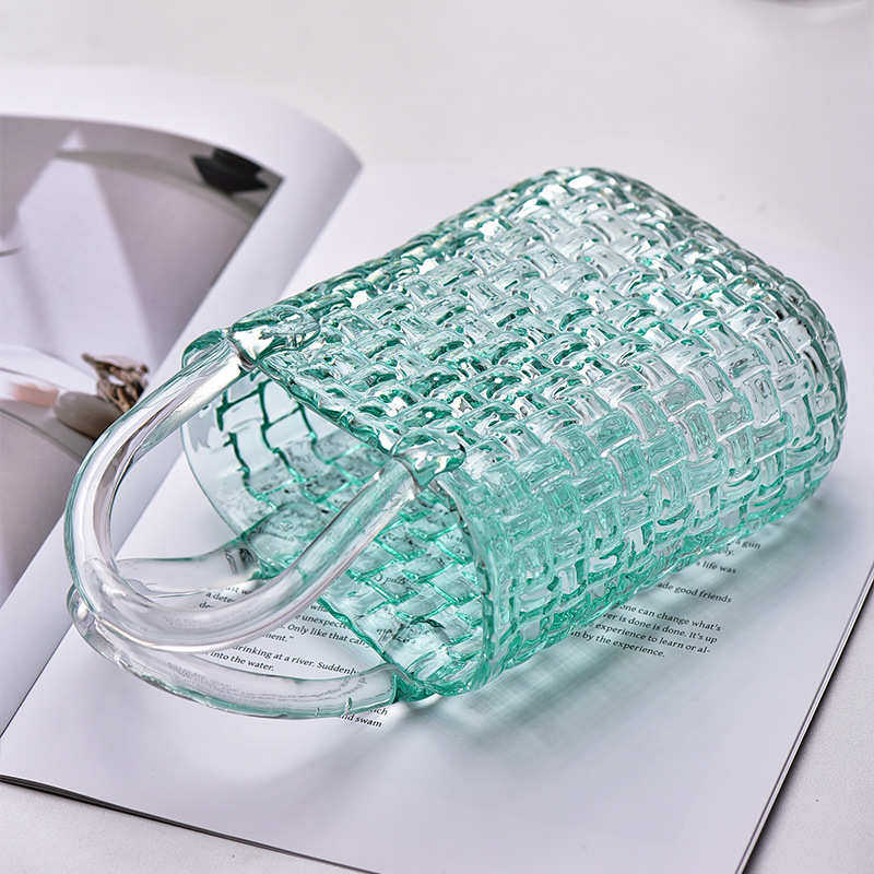 轻奢简约藤编包包玻璃花瓶气泡手提蓝客厅餐桌插花干花水培装饰品,家居饰品,花瓶,淘宝优惠券,粉丝福利购,淘宝优惠卷