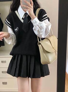 学院风针织马甲背心衬衫两件套女秋冬jk制服百褶裙小个子套装学生