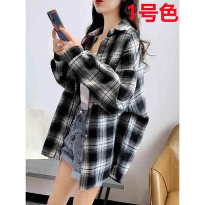 春秋格子衬衫女长袖学生宽松中长款薄款休闲上衣纯棉磨毛复古外套