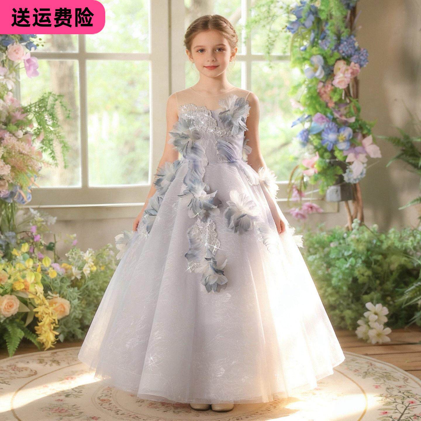 灰色花朵主持人儿童礼服小女孩生日花童公主裙钢琴模特演出服走秀