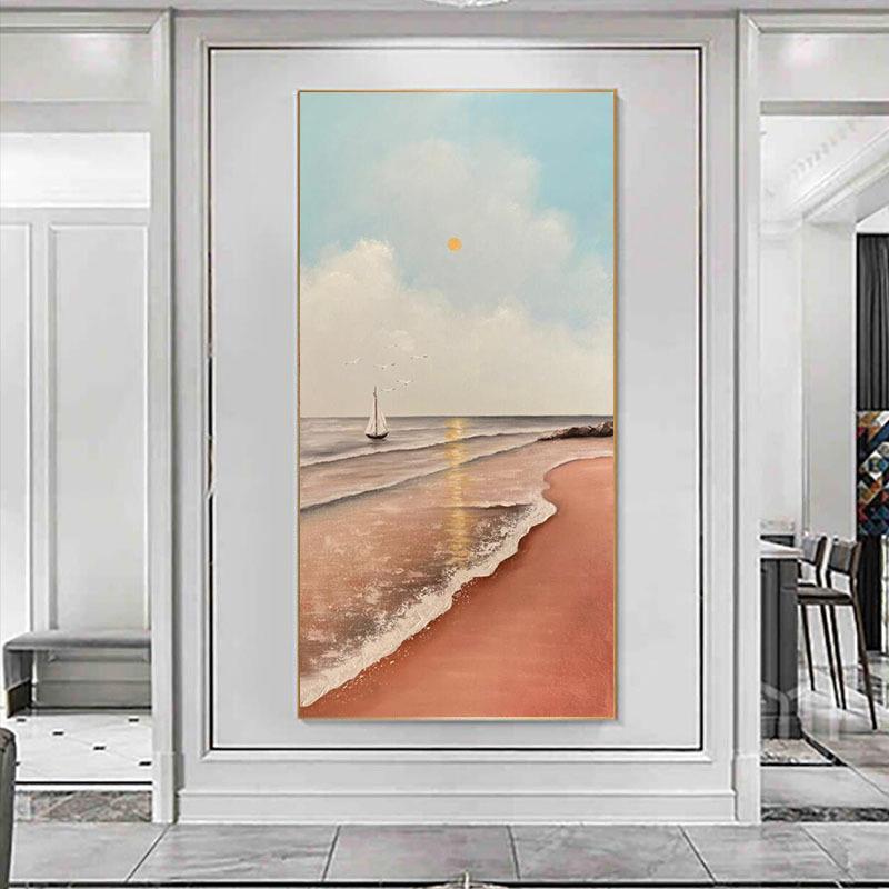 高档手绘油画海景日出玄关装饰画现代肌理画一帆风顺入户走廊过道