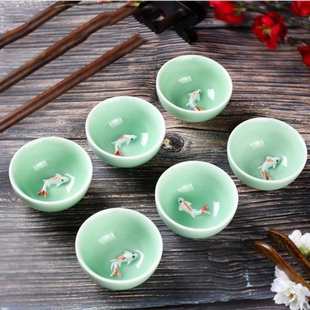 茶杯凸杯 紫砂青瓷釉鱼雕陶瓷杯品茗个d 带鱼主人浮雕装