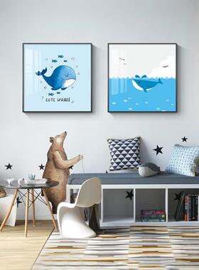蓝色可爱儿童房房卡通鲸鱼装饰画男孩女孩房间挂画卧室墙画正方形